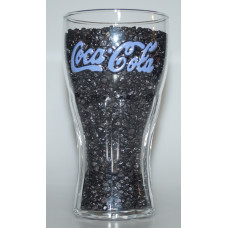 contour glass with embossed blue script logo